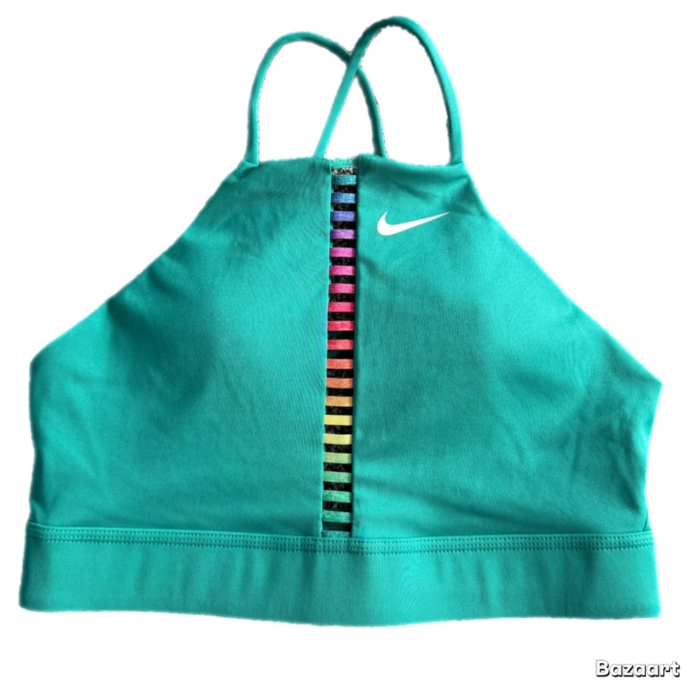 Nike Dri-FIT High Neck Sports Bra | Teal with Rainbow Mesh | Size Small - Picture 1 of 4